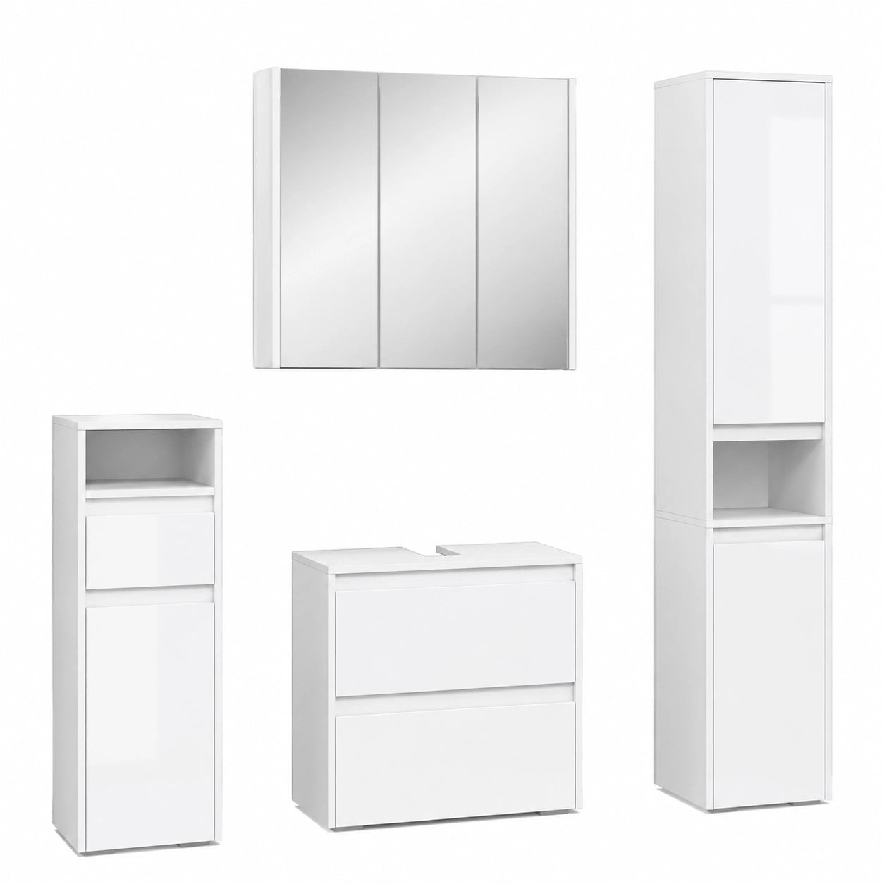 Vicco Badezimmerset Majest, Weiß Hochglanz, 60 cm - Waschbeckenunterschrank, Spiegelschrank, Hochschrank, Midischrank