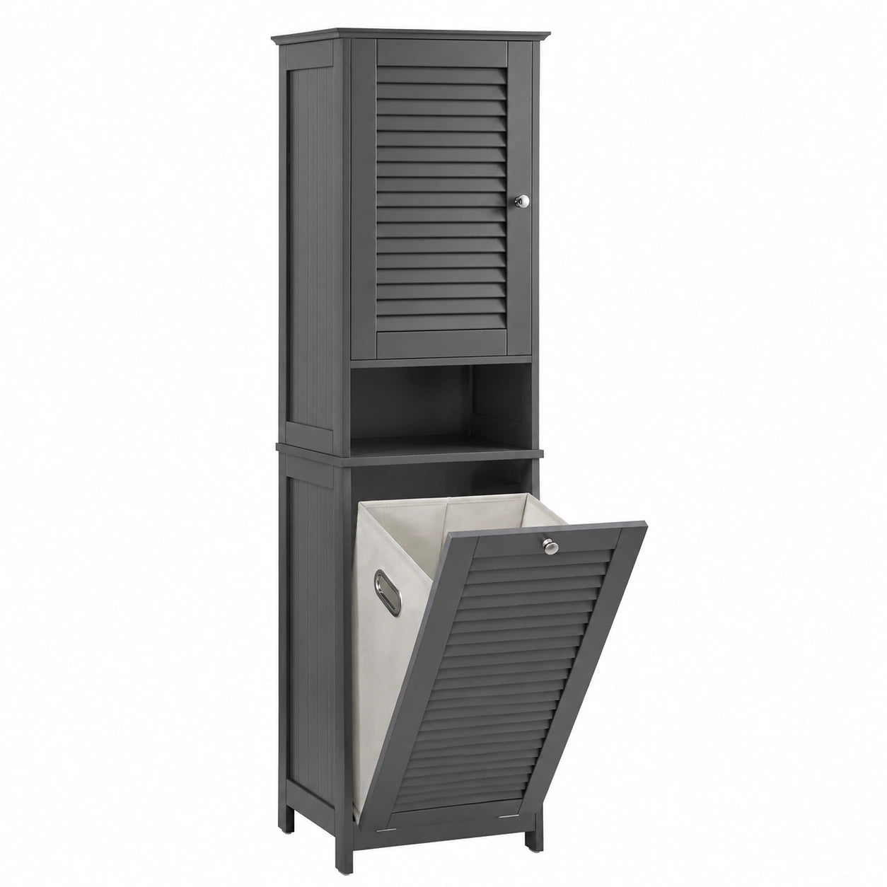 Hochschrank mit Wäschekorb für Badezimmer, schmaler Badschrank mit Regal und Stauraum, grauer Wäscheschrank 40x170x38 cm