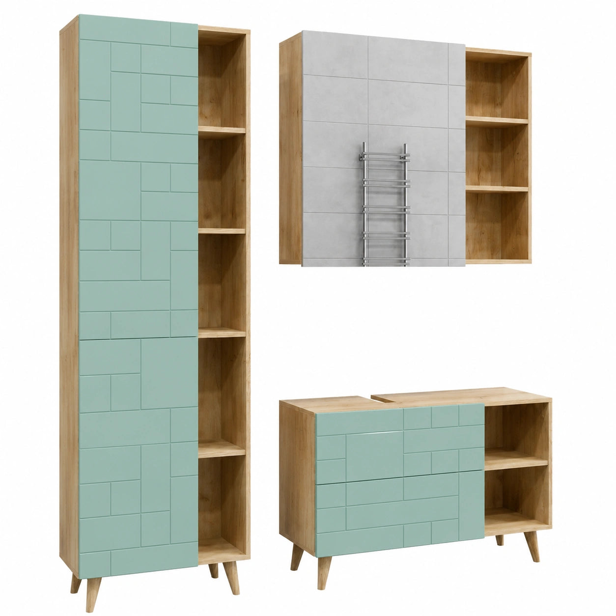Vicco Badezimmerset Rudi, Mintgrün, 90 cm, mit Waschtischunterschrank, Spiegelschrank und Hochschrank