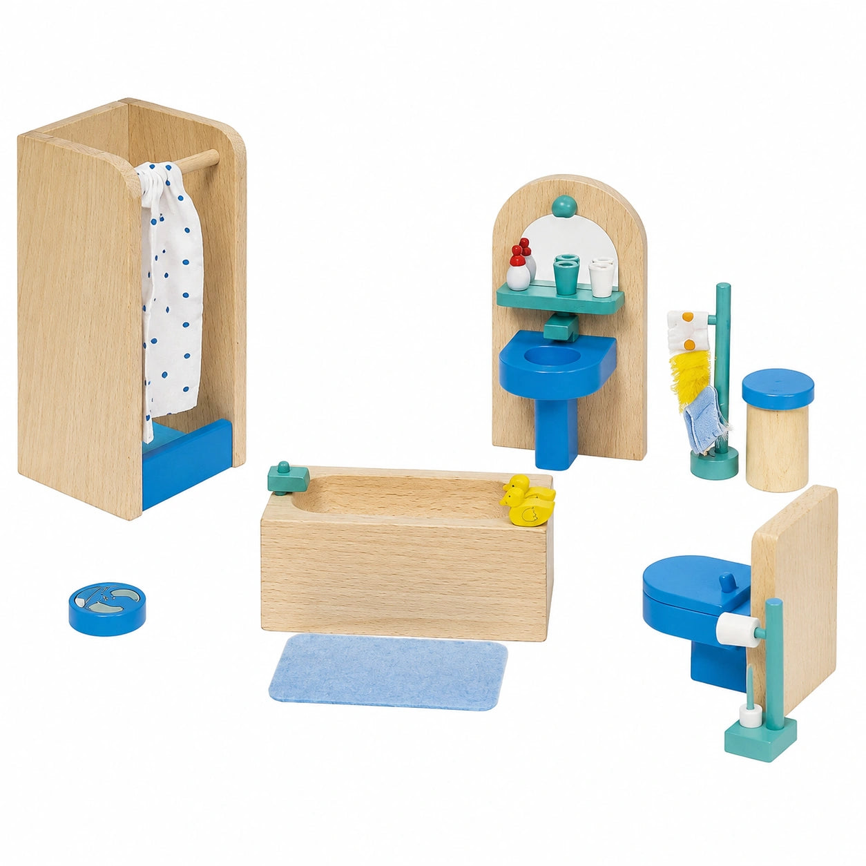 Goki 51903 - 17-teiliges Badezimmer-Puppenhausmöbelset
