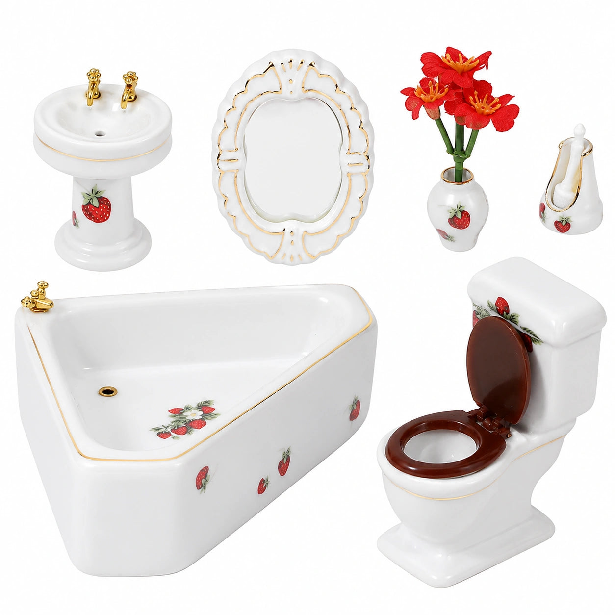 Miniatur Badezimmer Set 1:12 aus Porzellan für Puppenhaus, 6-teilig, inkl. Keramik Toilette, Badewanne und Spiegel