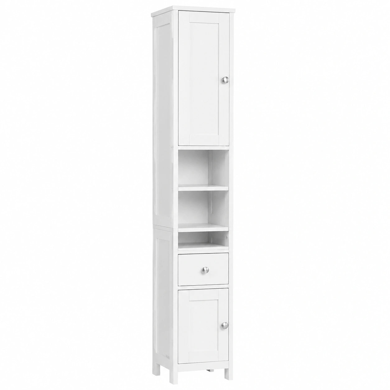 Schmaler Badschrank mit verstellbaren Regalen und Schublade, modernes Design, wolkenweiß