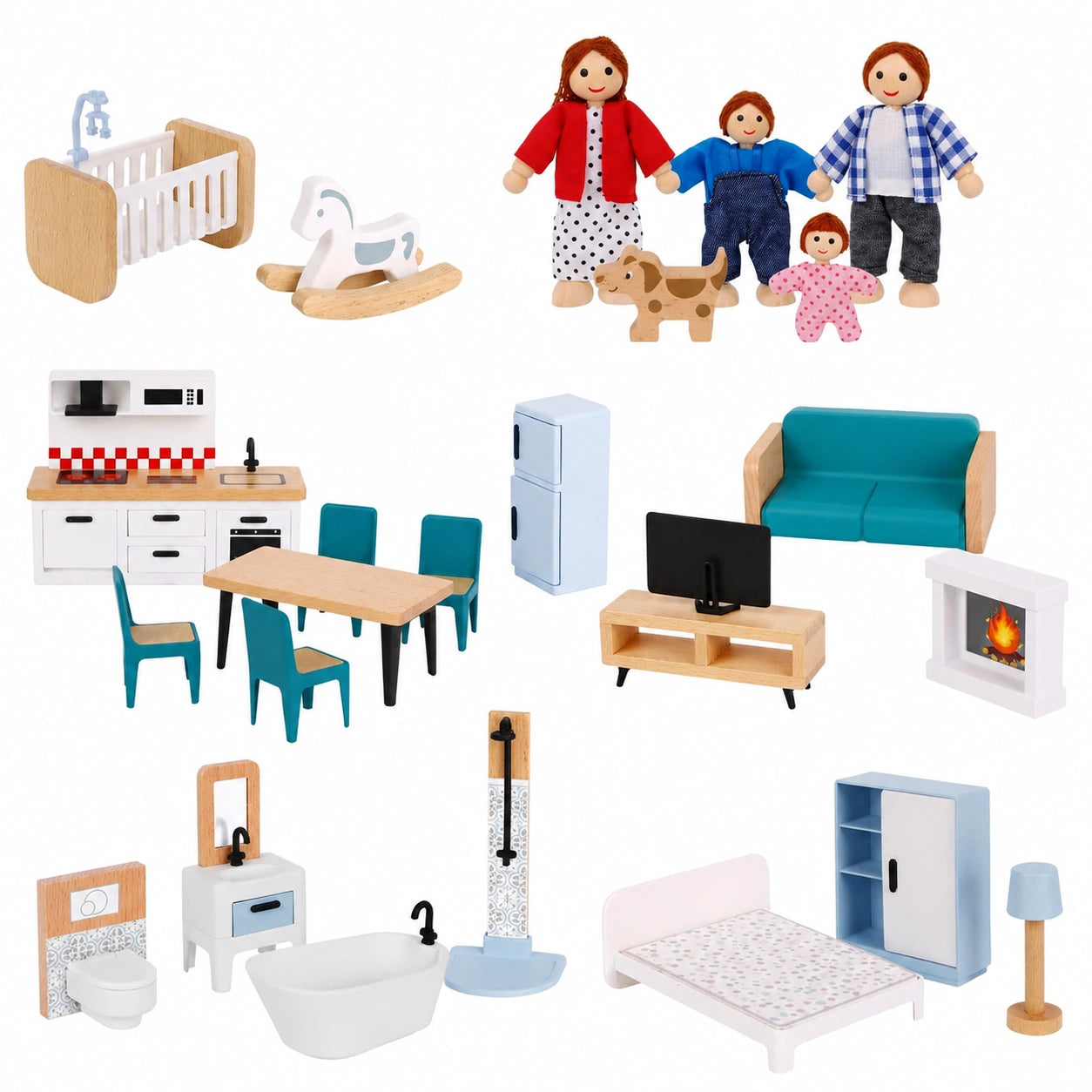 Holz-Puppenhausmöbel Set, 26-teilig mit Familienpuppen, Miniaturzubehör für Kinder ab 3 Jahren
