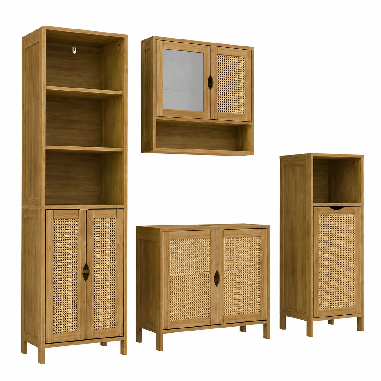 Vicco Badezimmermöbel-Set Liora aus Bambus, 68 cm, inklusive Waschbeckenunterschrank, Spiegelschrank, Hochschrank und Midischrank