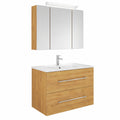 Moderne Badmöbel-Kombination, Waschtisch mit Eiche-Finish und Spiegel- & Seitenschrank, 70 cm