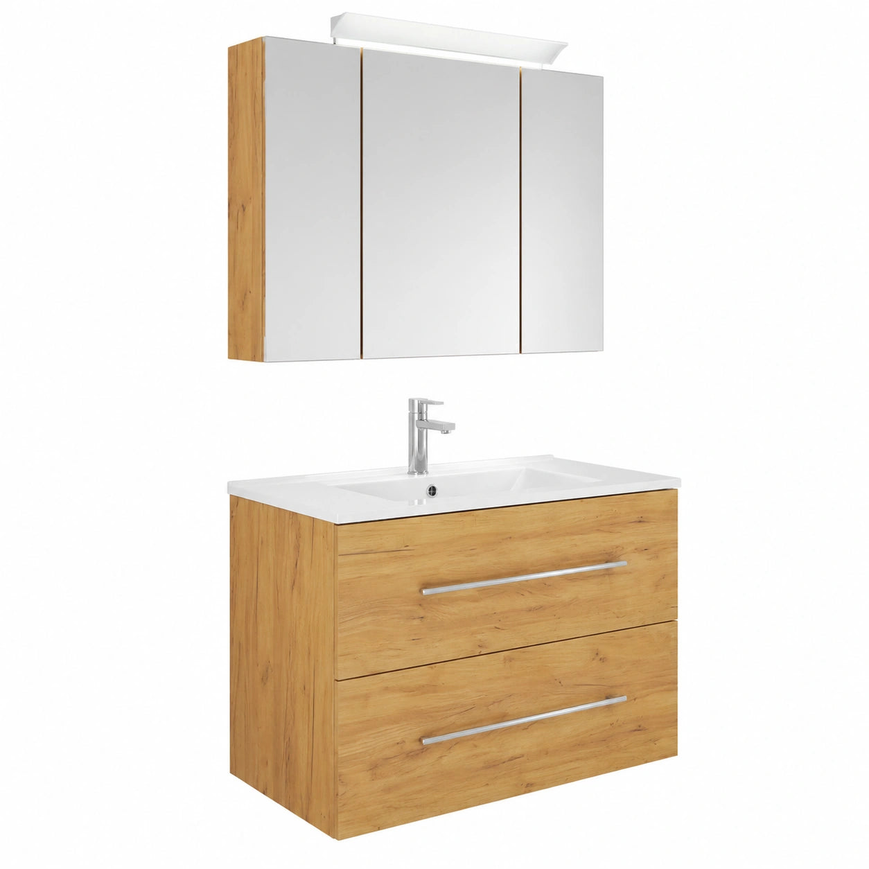 Moderne Badmöbel-Kombination, Waschtisch mit Eiche-Finish und Spiegel- & Seitenschrank, 70 cm