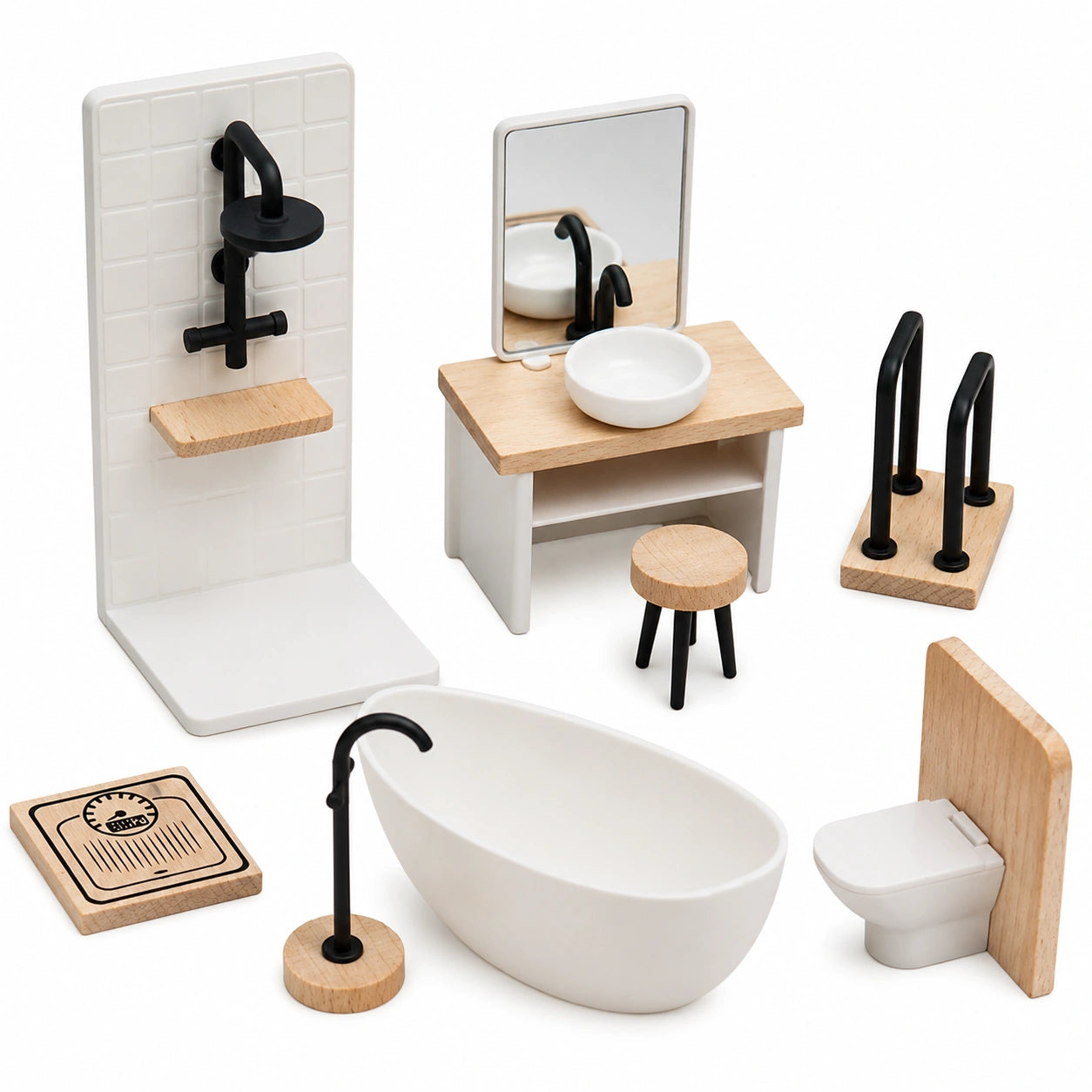 1/12 Puppenhaus Holz-Badezimmermöbel Set, Miniatur-Zubehör für Kinder ab 3 Jahren