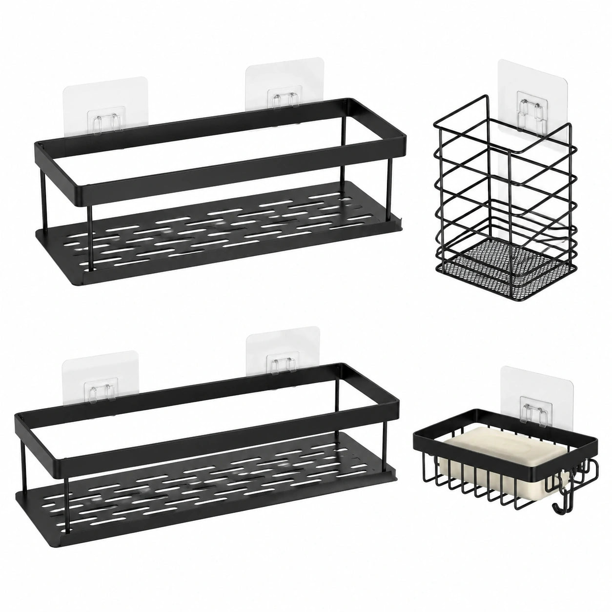 Wandregal Duschablage Set, Rostfrei & Wasserdicht, 4-teiliges Badezimmer Set Schwarz mit Seifen- und Zahnbürstenhalter