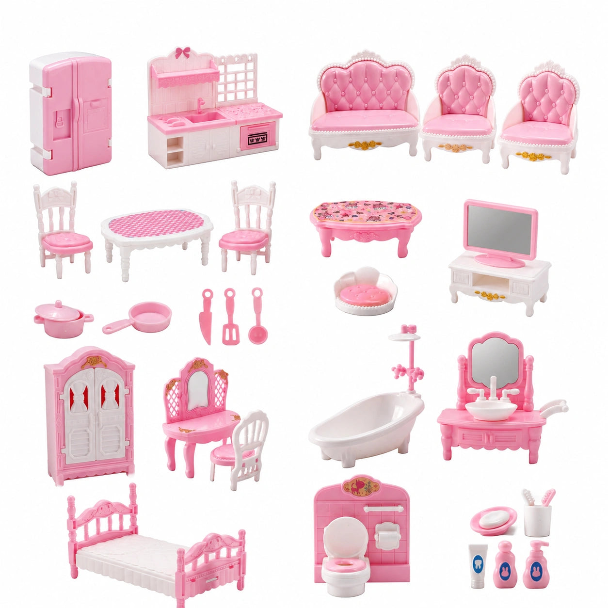 Puppenhaus-Möbelset 4-teilig, realistische Miniaturen für Küche, Schlafzimmer, Bad und Wohnzimmer, DIY-Bausatz für Kinder