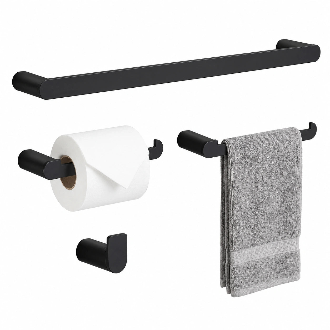4-teiliges Badezimmerset aus Aluminium, Schwarz - Handtuchhalter, Handtuchring, Toilettenpapierhalter & Haken